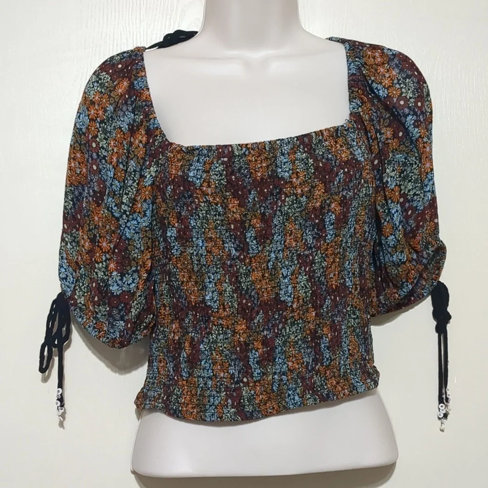 Free People Dark Combo Puff Sleeve Cropped Blouse Top Size Small